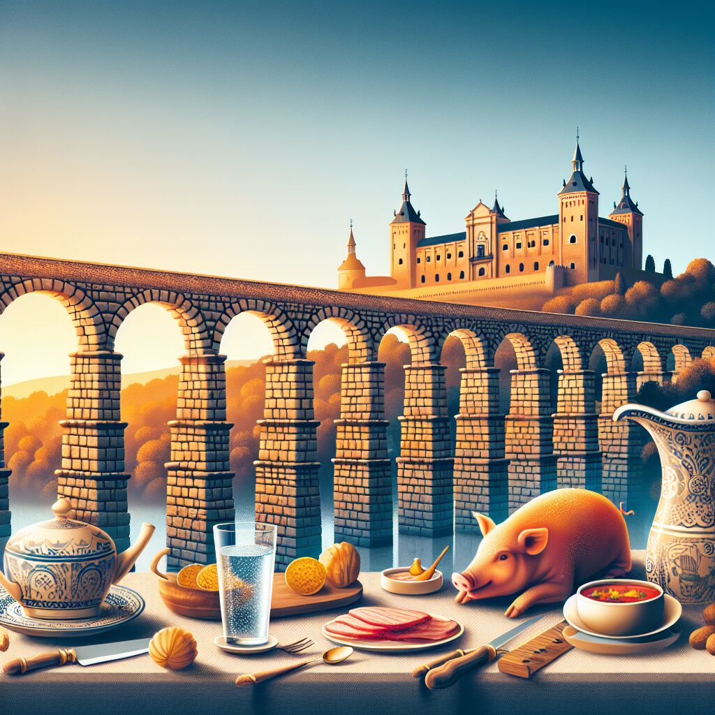 El Acueducto de Segovia al atardecer con luz dorada y una atmósfera de leyenda; en el fondo la silueta del Alcázar, c…