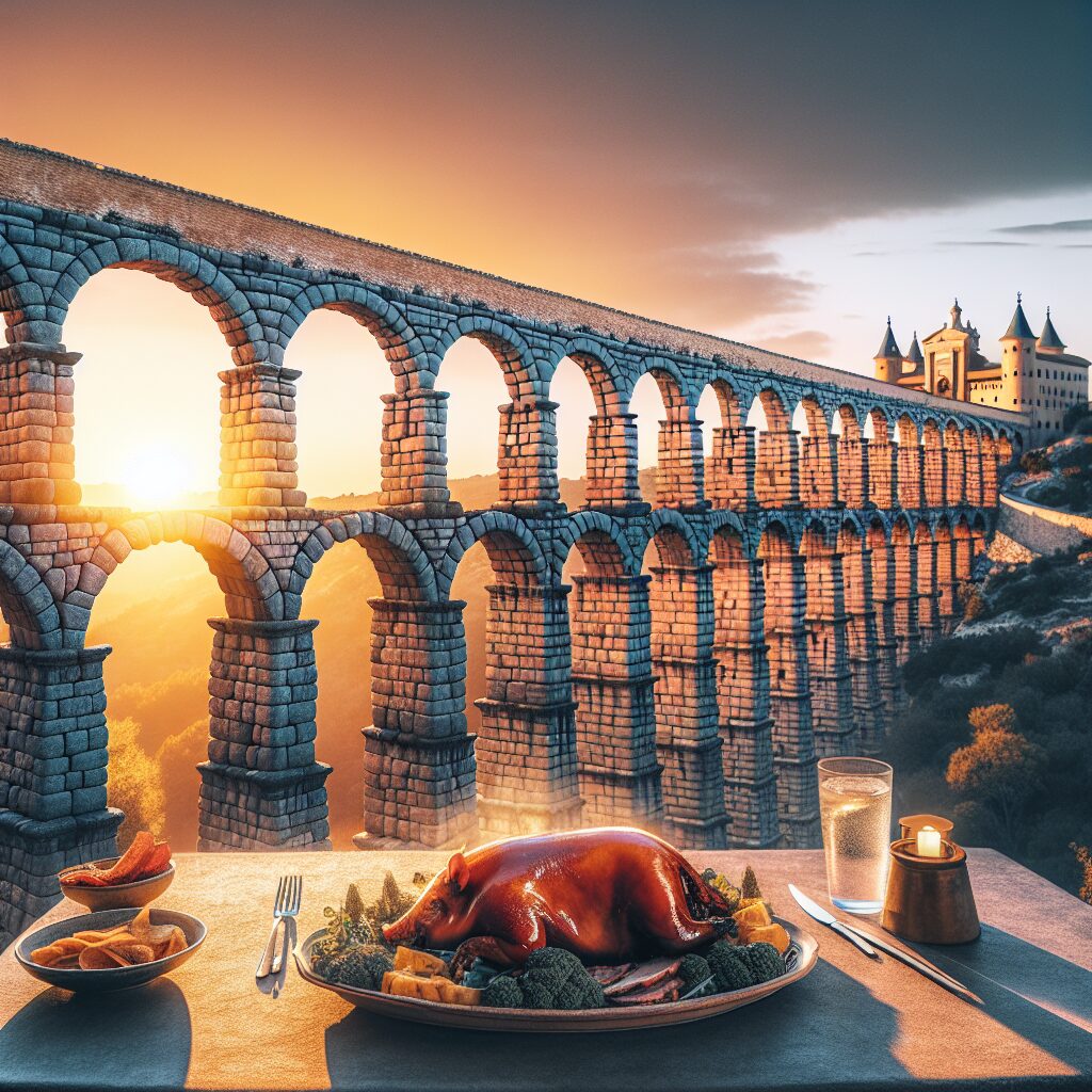 El Acueducto de Segovia al atardecer con luz dorada, siluetas estilizadas del Alcázar y una mesa exterior con un plat…