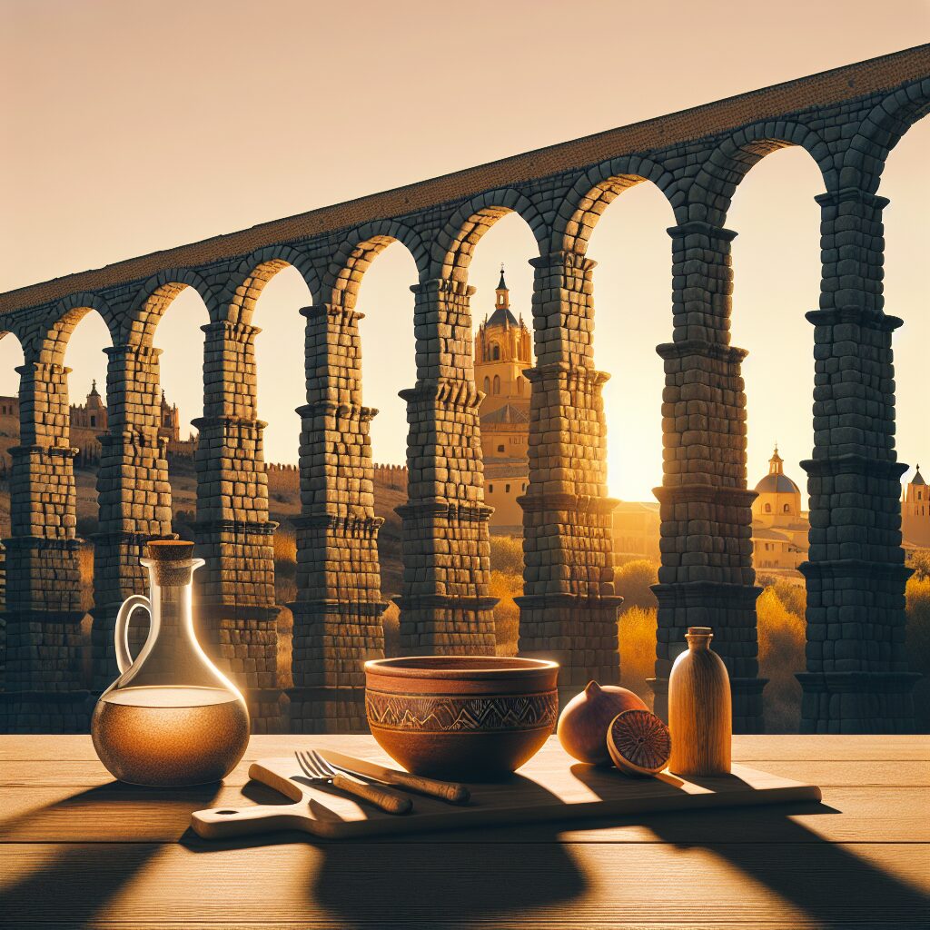 El Acueducto de Segovia al atardecer, iluminación cálida, sombras largas y una mesa rústica estilizada con plato de c…