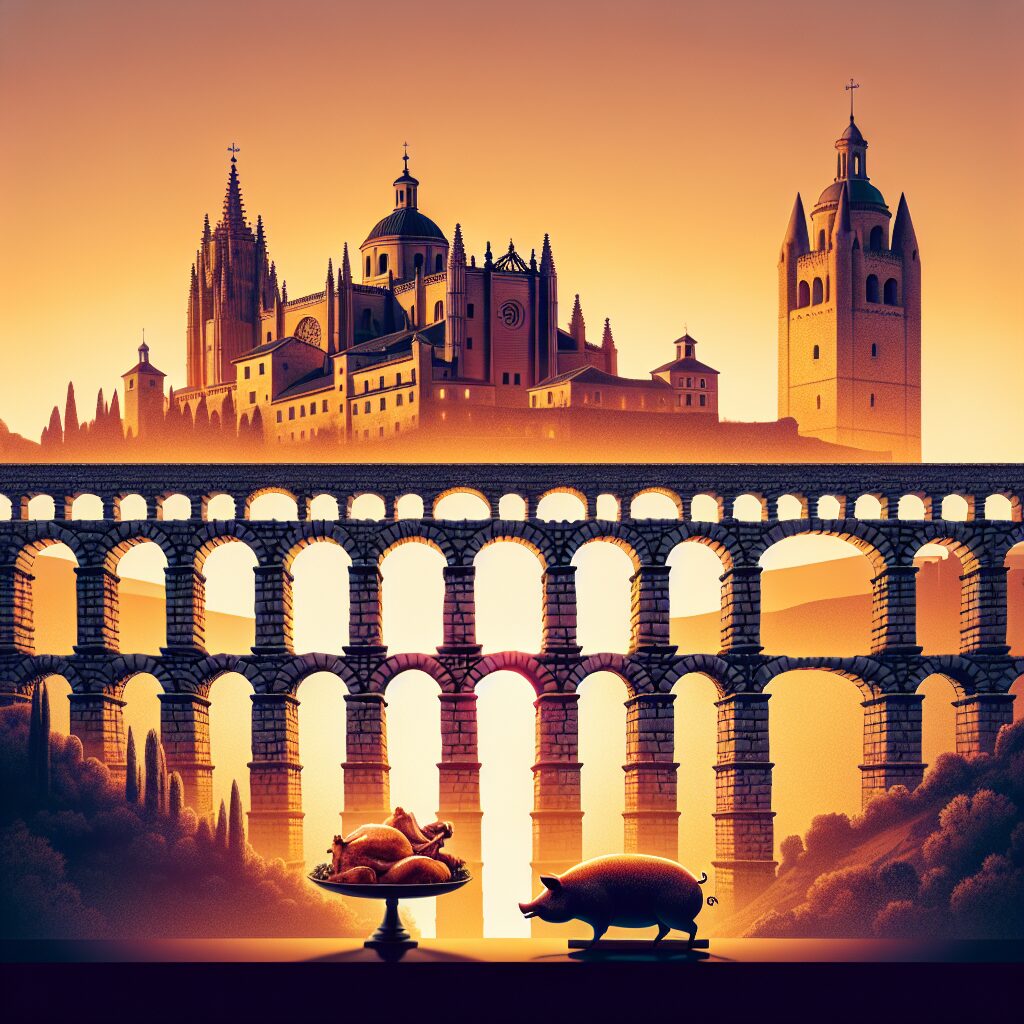 El Acueducto de Segovia al atardecer, iluminado con tonos cálidos, con una composición estilizada que incluye silueta…