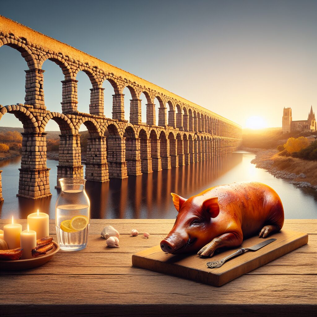 Imagen estilizada del Acueducto de Segovia al atardecer con una mesa de madera en primer plano que muestra un cochini…