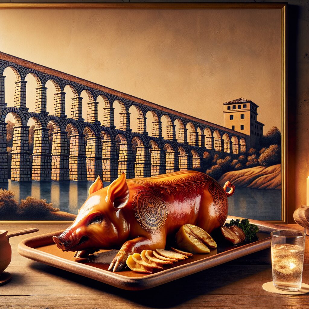 Un cochinillo asado dorado servido en una bandeja de cerámica sobre una mesa de madera rústica, con el Acueducto de S…