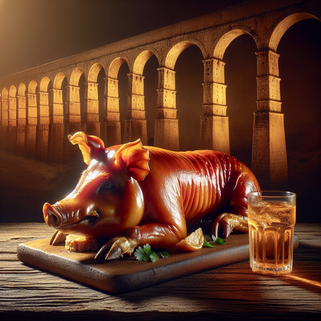 Un cochinillo asado dorado servido en una fuente de barro sobre una mesa de madera rústica, con el perfil estilizado …