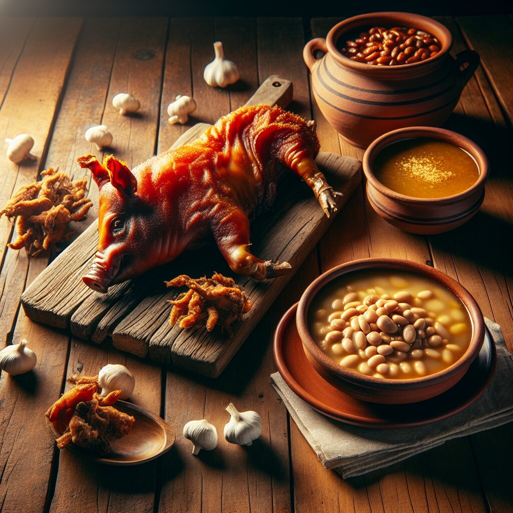 Mesa rústica castellana sobre madera envejecida con platos típicos: cochinillo con piel crujiente, judiones de La Gra…