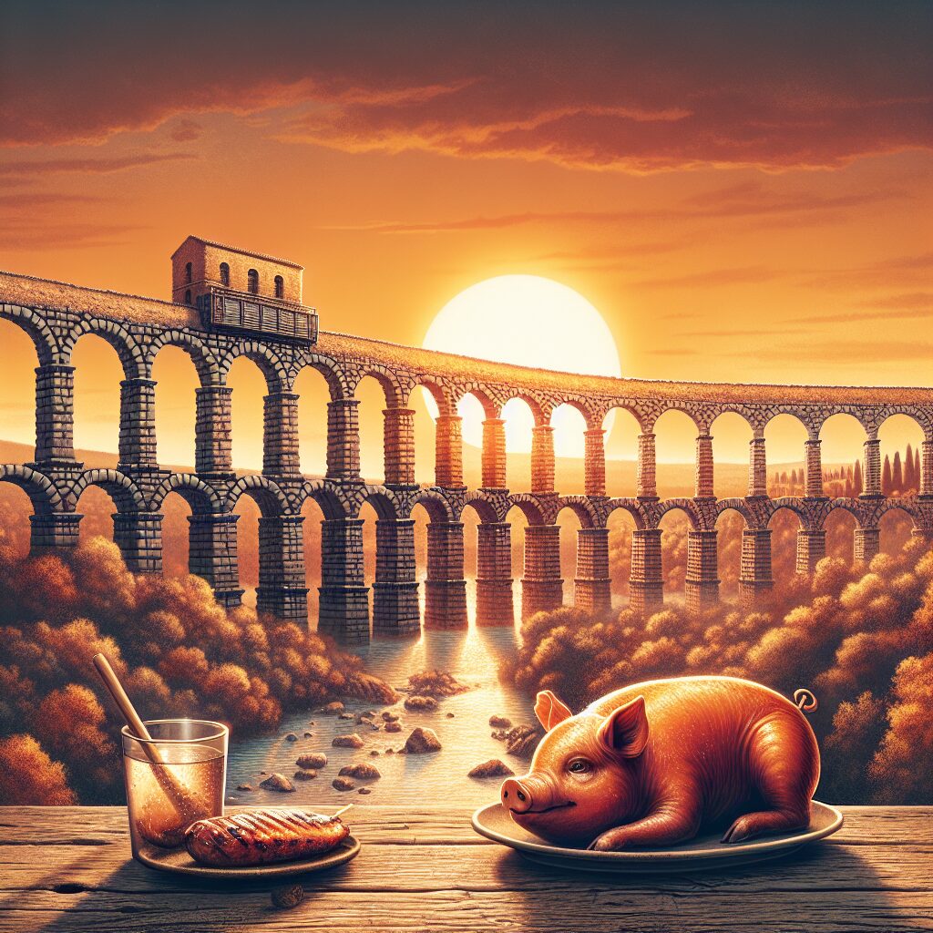 Ilustración digital del Acueducto de Segovia al atardecer con tonos cálidos y, en primer plano, un cochinillo asado e…