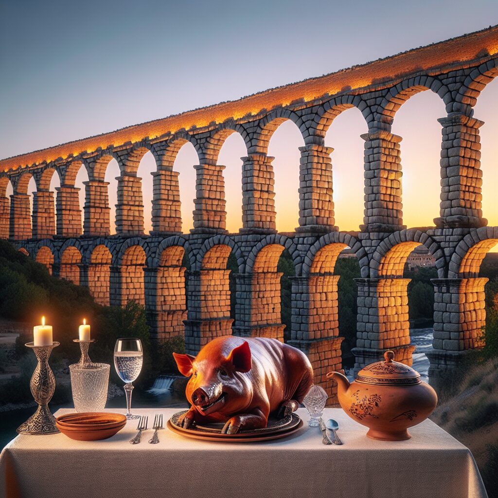 El Acueducto de Segovia iluminado al atardecer con una mesa tradicional delante que muestra un cochinillo asado estil…