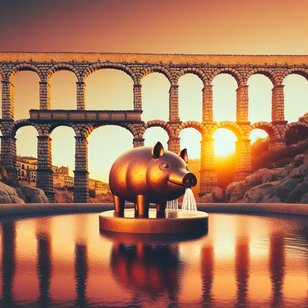 Composición digital del Acueducto de Segovia al atardecer con tonos cálidos, en primer plano una fuente estilizada qu…
