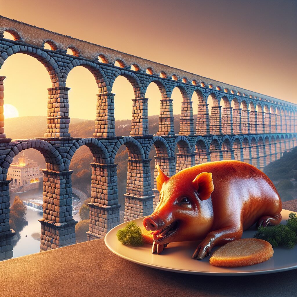 Vista estilizada del Acueducto de Segovia al atardecer con un plato de cochinillo asado en primer plano como símbolo …
