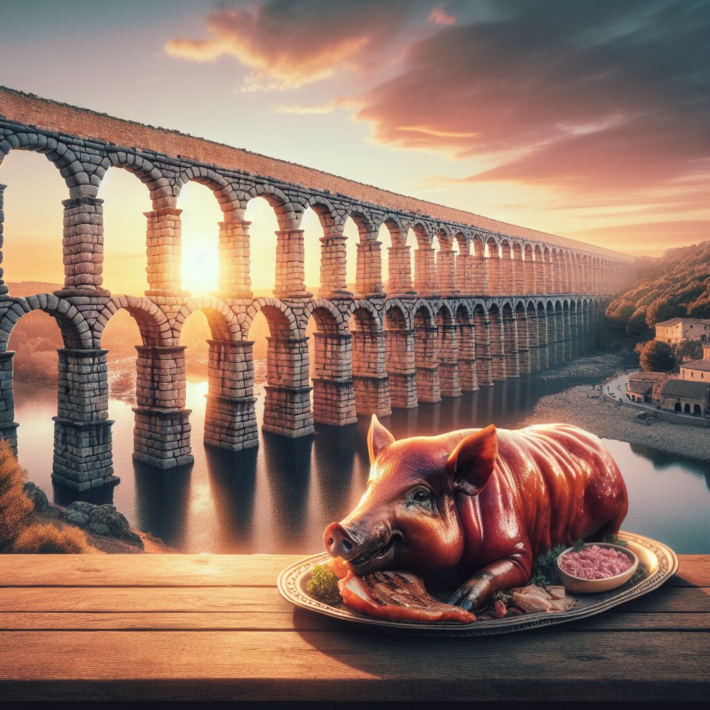 Vista estilizada del Acueducto de Segovia al atardecer con una bandeja de cochinillo asado como elemento cultural en …