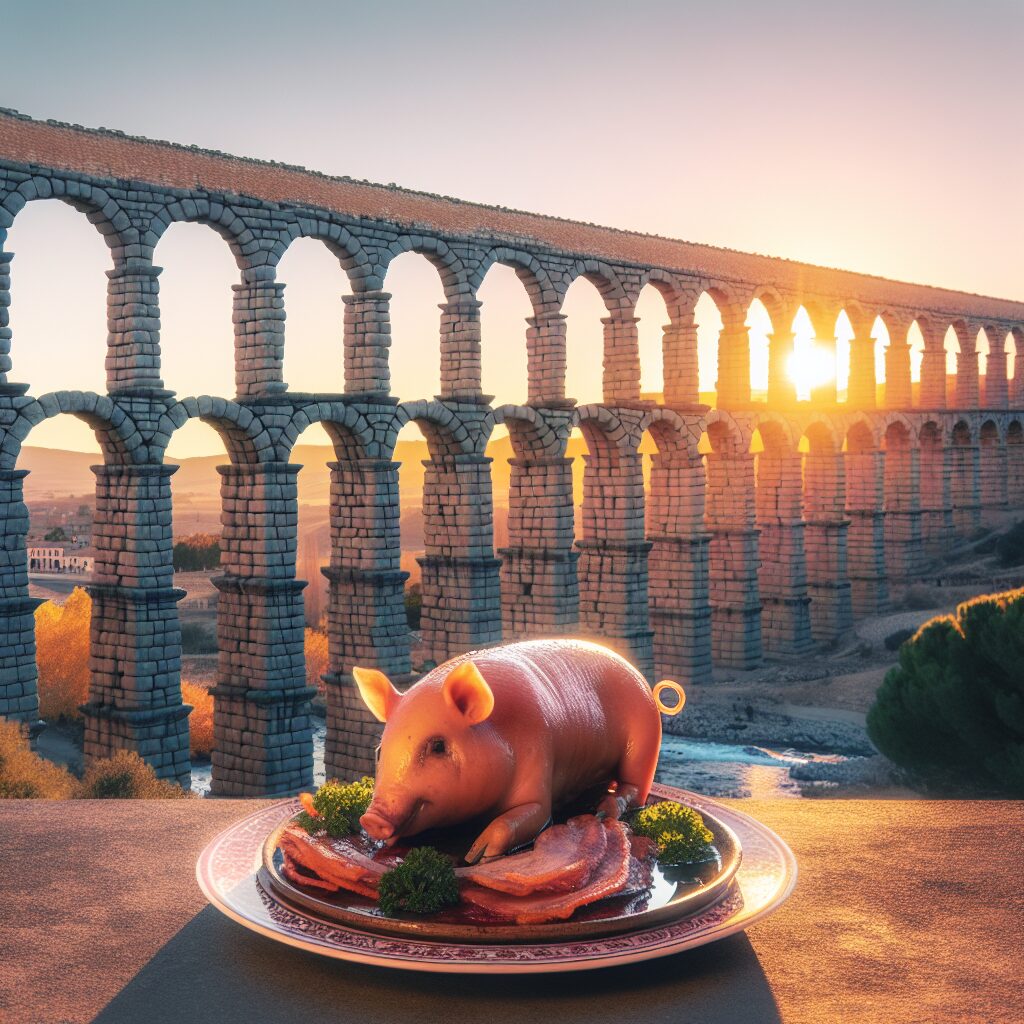 Vista editorial del Acueducto de Segovia al atardecer con un cochinillo asado estilizado en un plato tradicional en p…