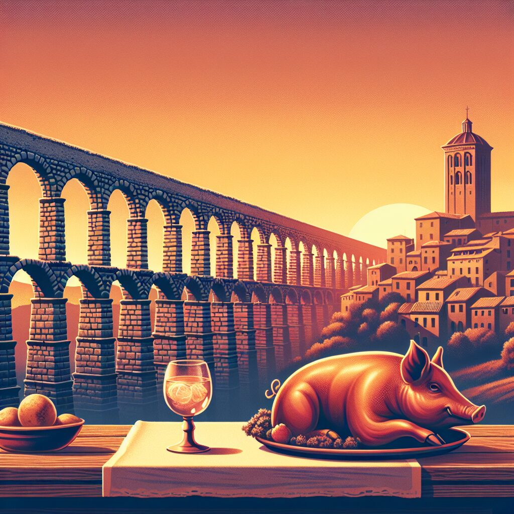 Vista estilizada del Acueducto de Segovia al atardecer con una mesa tradicional en primer plano donde reposa un cochi…