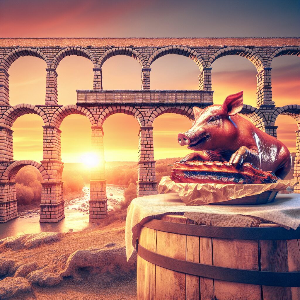 Ilustración digital del Acueducto de Segovia al atardecer, con una mesa rústica en primer plano que sostiene un cochi…