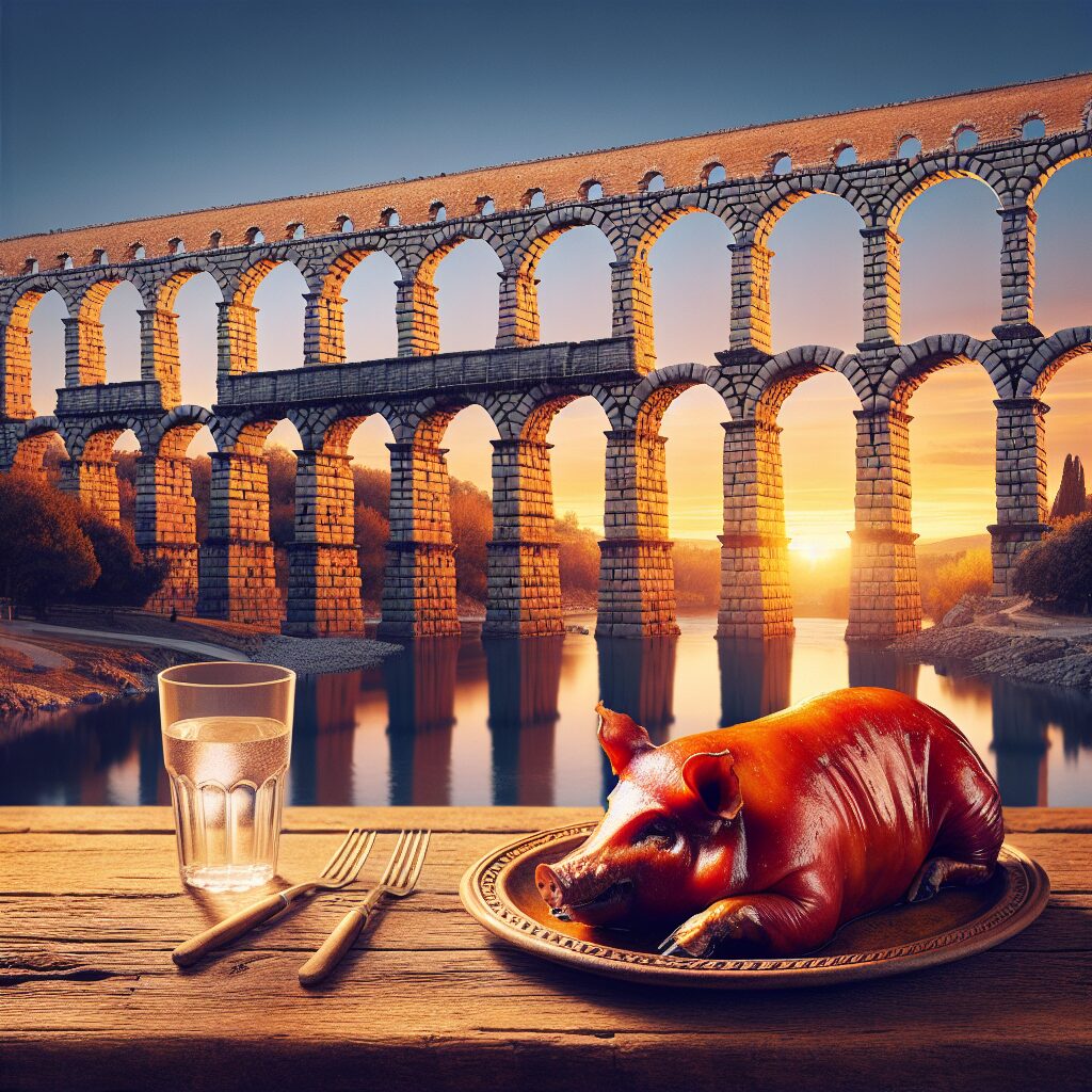 El Acueducto de Segovia iluminado al atardecer, con un plato de cochinillo asado estilizado en primer plano sobre una…