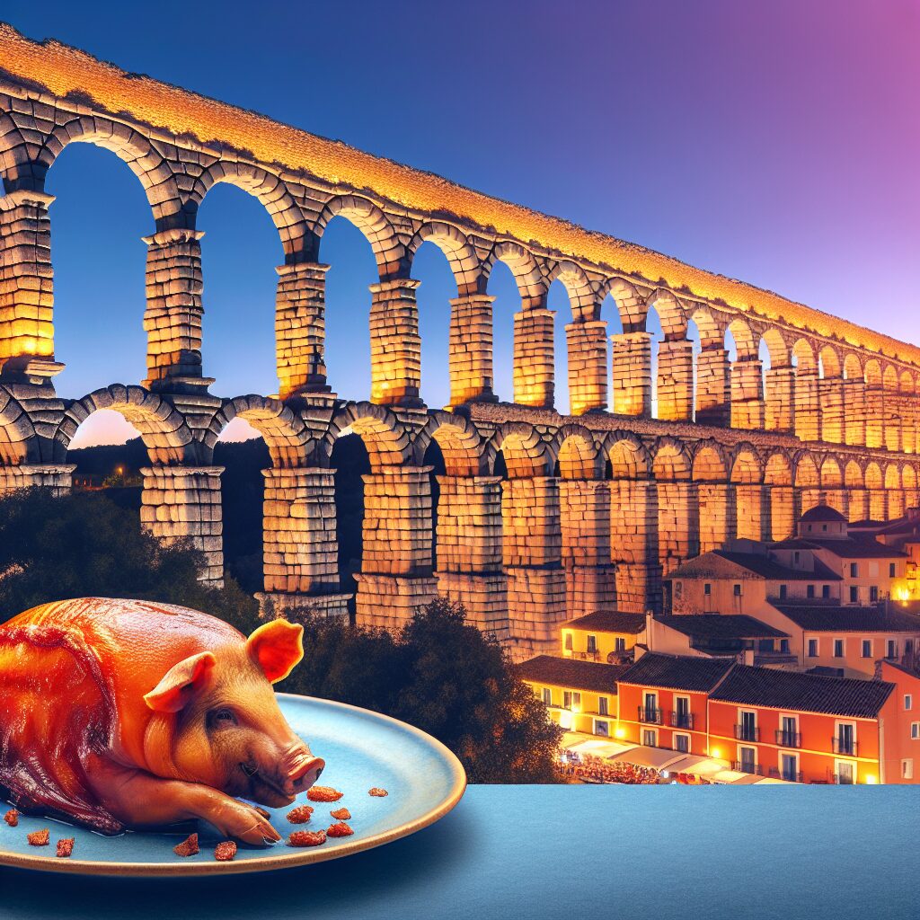 El Acueducto de Segovia iluminado al atardecer en un estilo digital, con un plato estilizado de cochinillo asado en p…