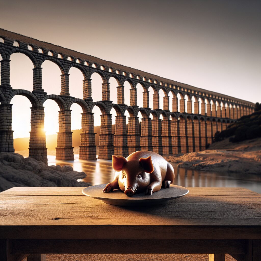 El Acueducto de Segovia iluminado al atardecer con un plato estilizado de cochinillo asado en primer plano sobre una …