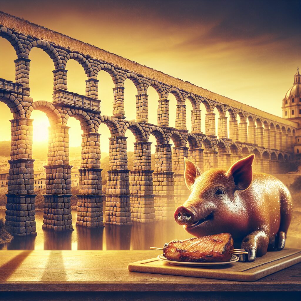 Una vista estilizada del Acueducto de Segovia al atardecer con tonos dorados y un cochinillo asado artístico en prime…