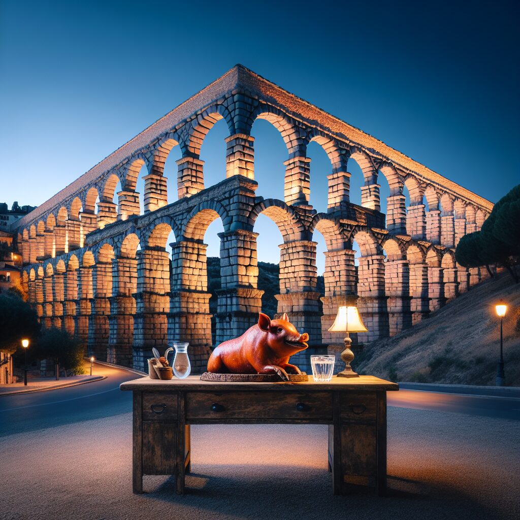 El Acueducto de Segovia iluminado al atardecer con una mesa rústica frente a él que muestra un cochinillo asado estil…