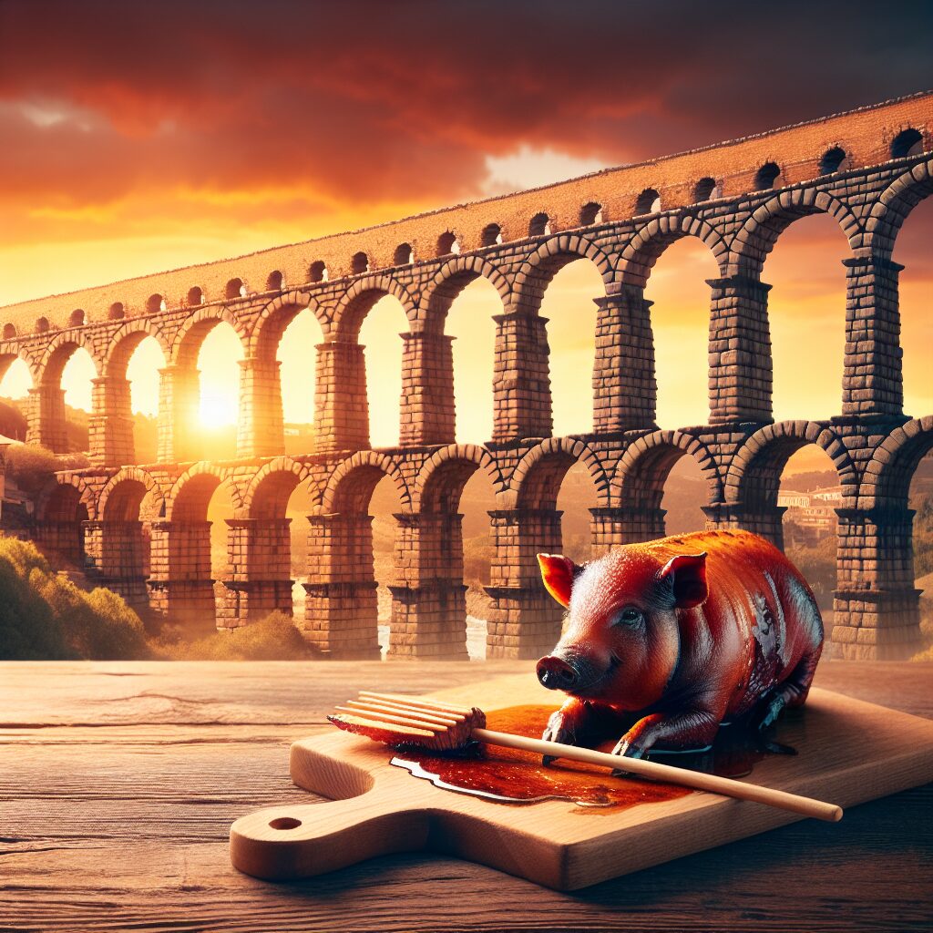 Composición digital del Acueducto de Segovia al atardecer con tonos cálidos, y en primer plano un cochinillo asado es…