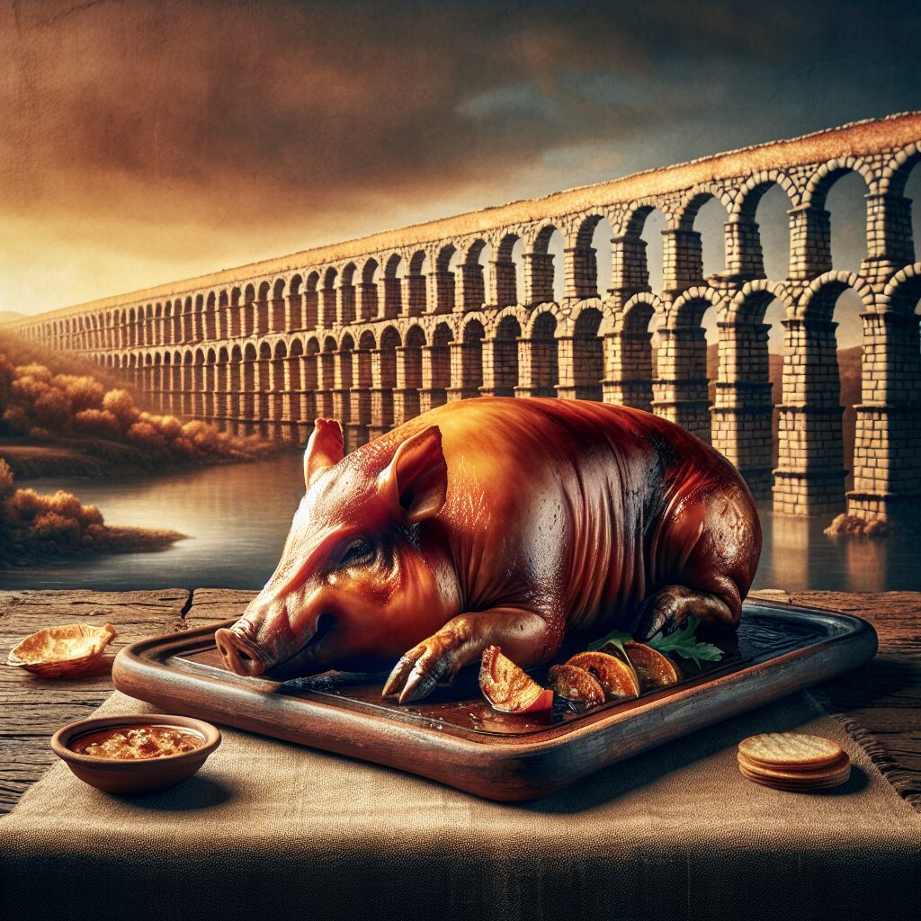 Un cochinillo asado servido en una bandeja de barro sobre una mesa rústica, con un fondo elegante estilizado del Acue…