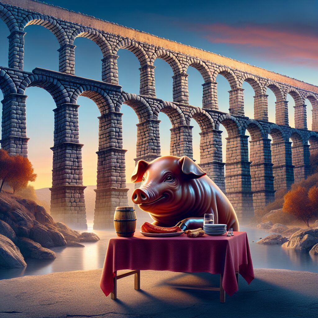 Ilustración digital del Acueducto de Segovia al atardecer con una mesa tradicional frente a él que sostiene un cochin…