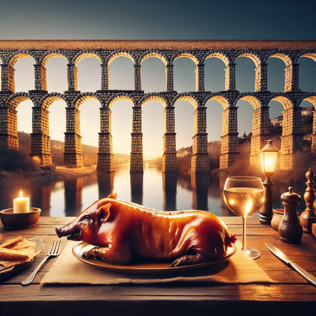 Plato de cochinillo asado dorado sobre una mesa de madera rústica, con un Acueducto de Segovia estilizado y suavement…