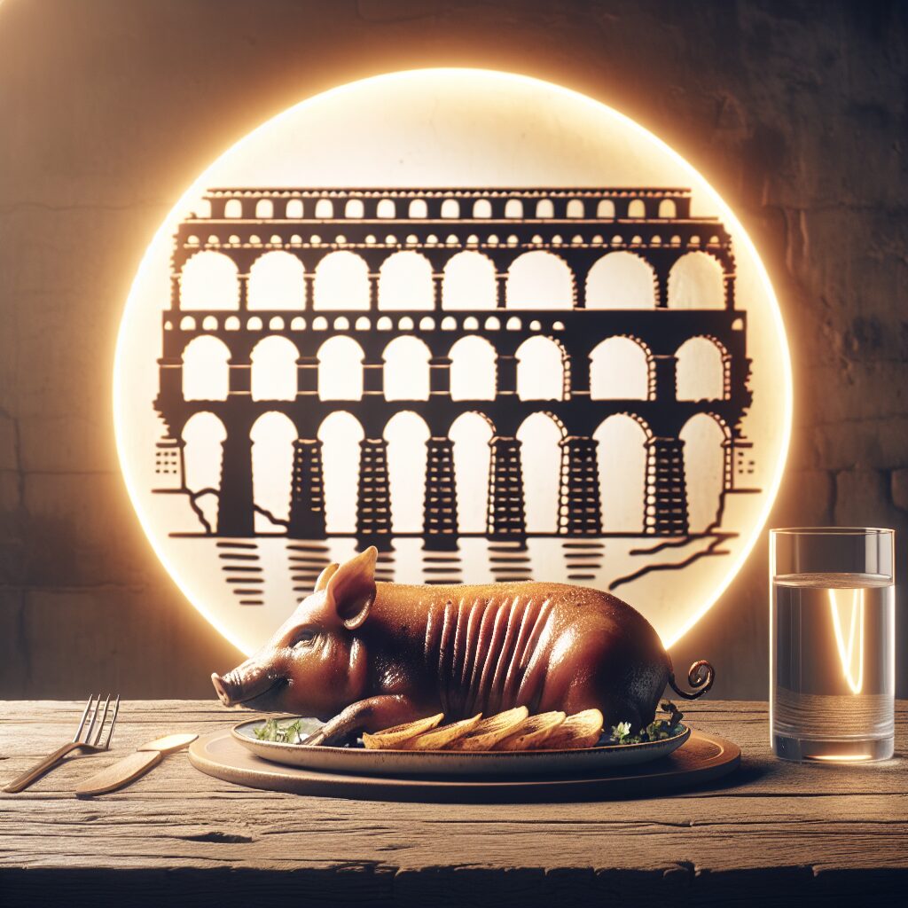 Un cochinillo asado servido en una fuente de porcelana sobre mesa de madera rústica, con el perfil estilizado del Acu…