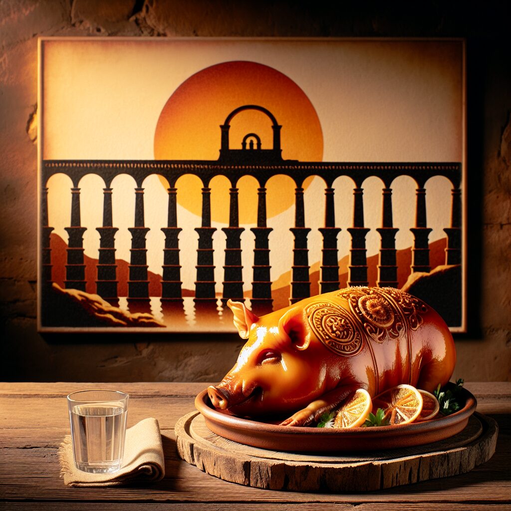 Un cochinillo asado dorado servido en una fuente de cerámica rústica sobre una mesa de madera, con de fondo una silue…