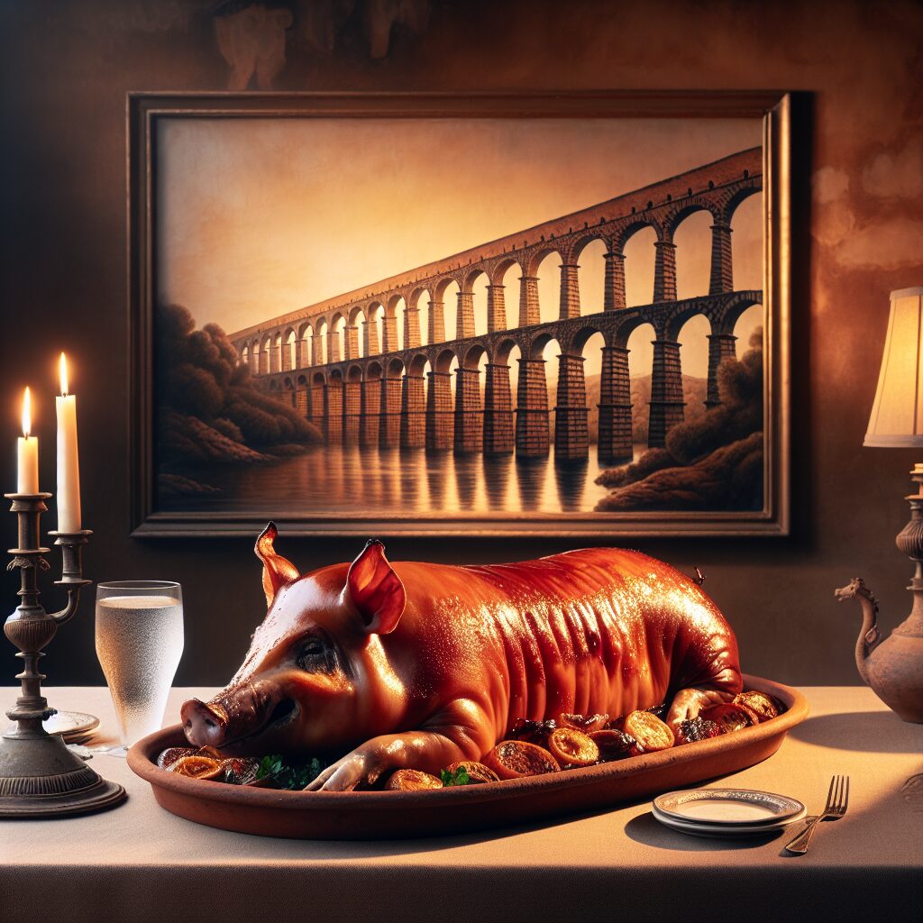 Un cochinillo asado entero sobre una bandeja de barro en un comedor castellano elegante, con un fondo sugerente del p…