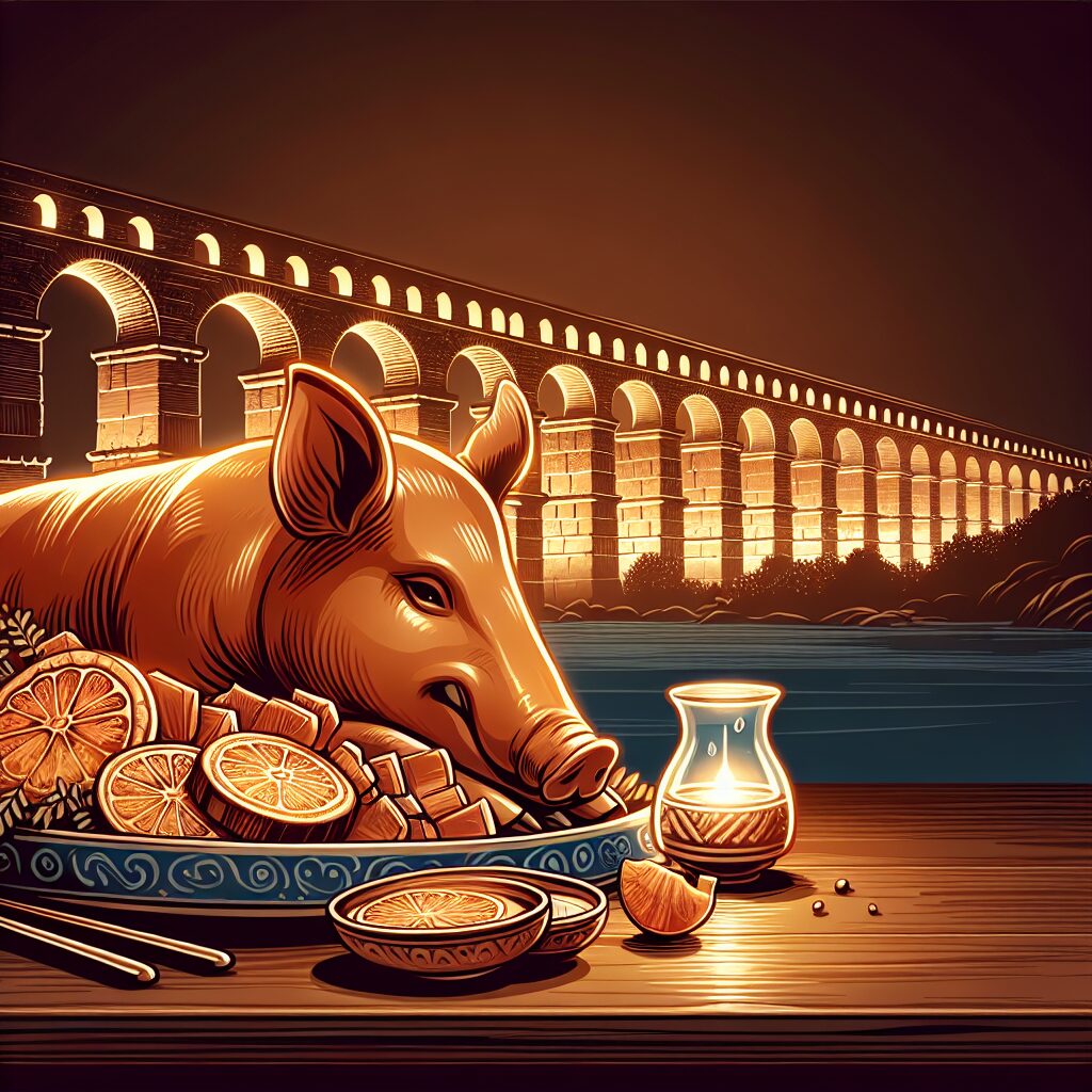 Un cochinillo asado servido sobre una fuente de cerámica tradicional en una mesa de madera oscura, con un acueducto e…