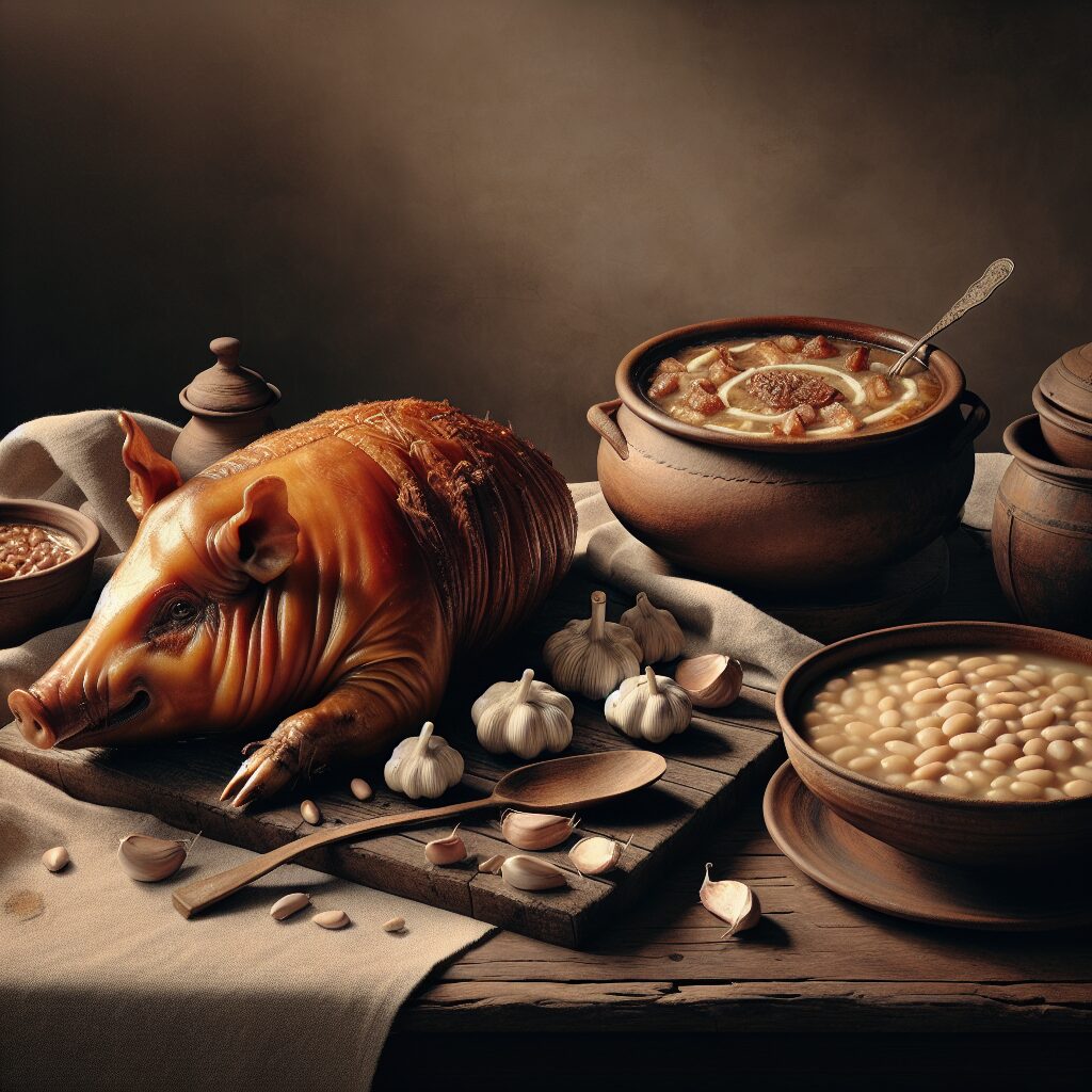 Mesa rústica castellana con platos tradicionales: cochinillo con piel dorada, cazuela de judiones y un cuenco de sopa…