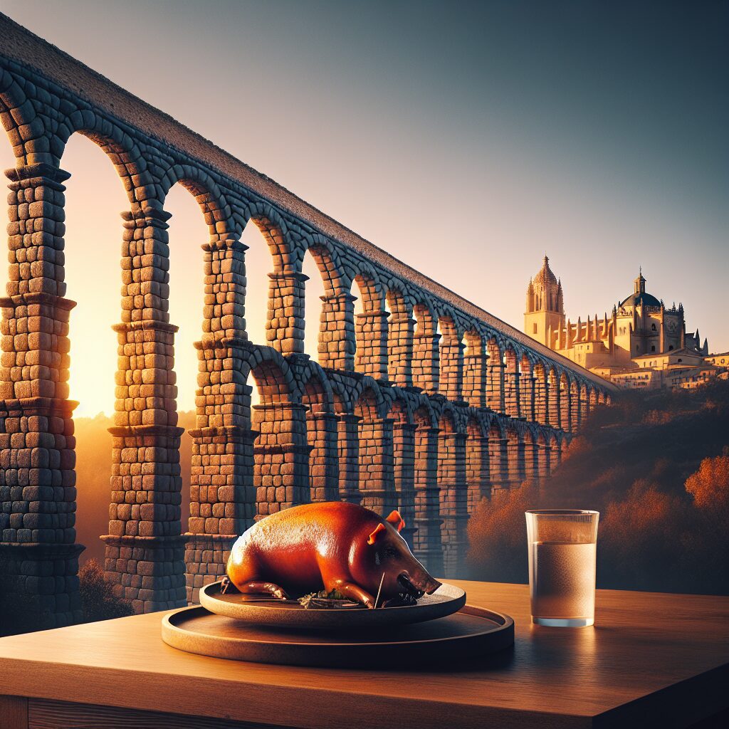 El Acueducto de Segovia al atardecer, con tonos dorados y un enfoque moderno; en primer plano una mesa estilizada con…