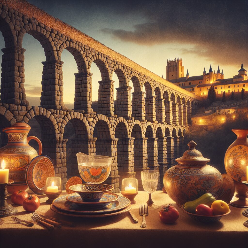 El Acueducto de Segovia al atardecer con luces cálidas, una mesa rústica en primer plano con cerámica tradicional y e…