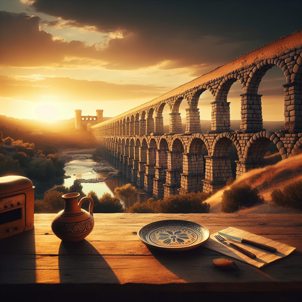 Acueducto de Segovia al atardecer con luz dorada, el Alcázar insinuado en la distancia y una mesa rústica vacía en pr…