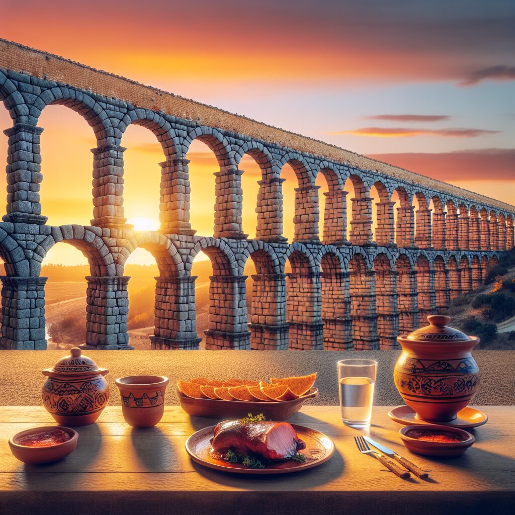 El Acueducto de Segovia al atardecer, iluminado con tonos cálidos, con una mesa estilizada en primer plano que muestr…