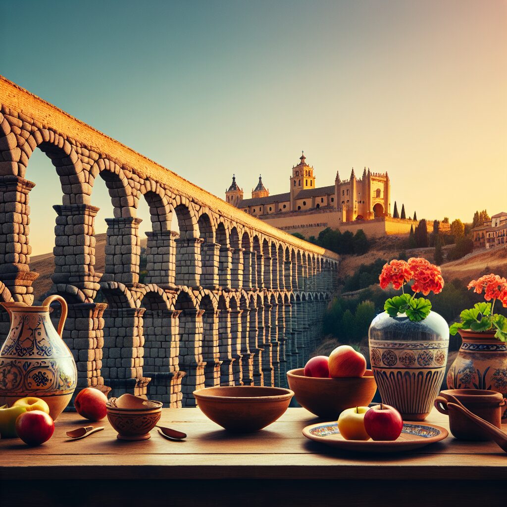 El Acueducto de Segovia al atardecer, con tonos cálidos, silueta del Alcázar en el fondo y elementos culturales estil…