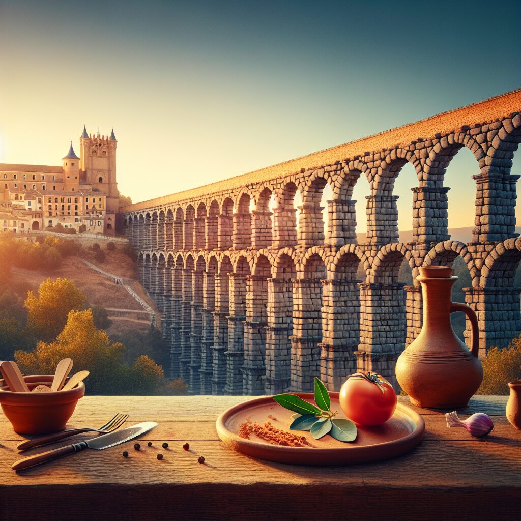 El Acueducto de Segovia al atardecer, bañado por luz dorada, con el Alcázar en la distancia y elementos gastronómicos…