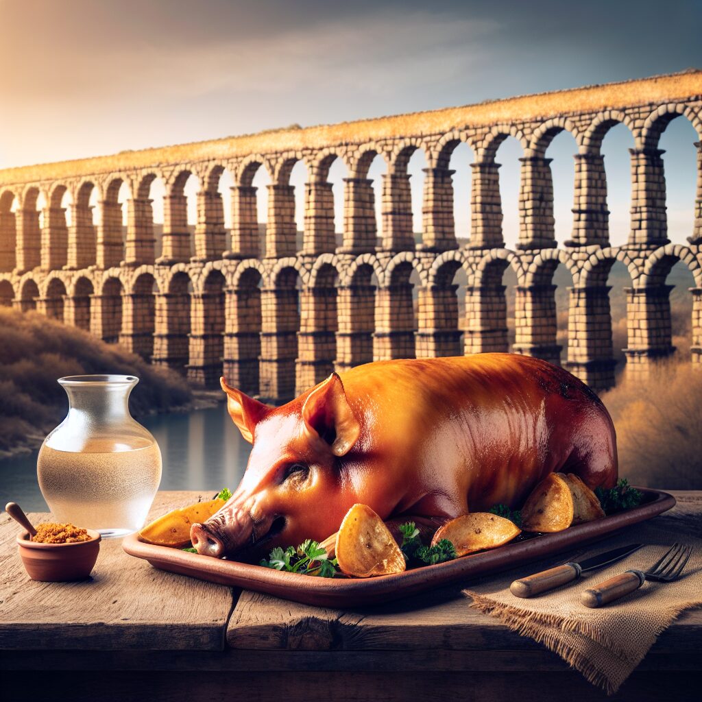 Un cochinillo asado dorado servido en una bandeja de barro sobre una mesa rústica, con el Acueducto de Segovia estili…