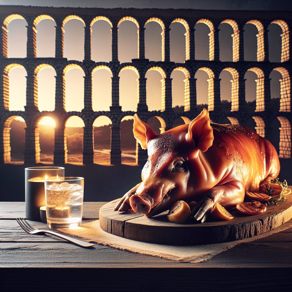 Un cochinillo asado entero servido sobre una fuente rústica en una mesa de madera, con el perfil estilizado del Acued…