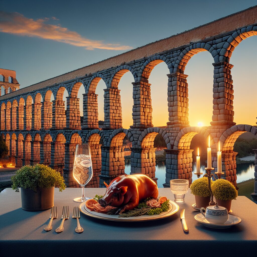 El Acueducto de Segovia al atardecer, iluminado con tonos cálidos, con mesas clásicas en primer plano y un plato esti…