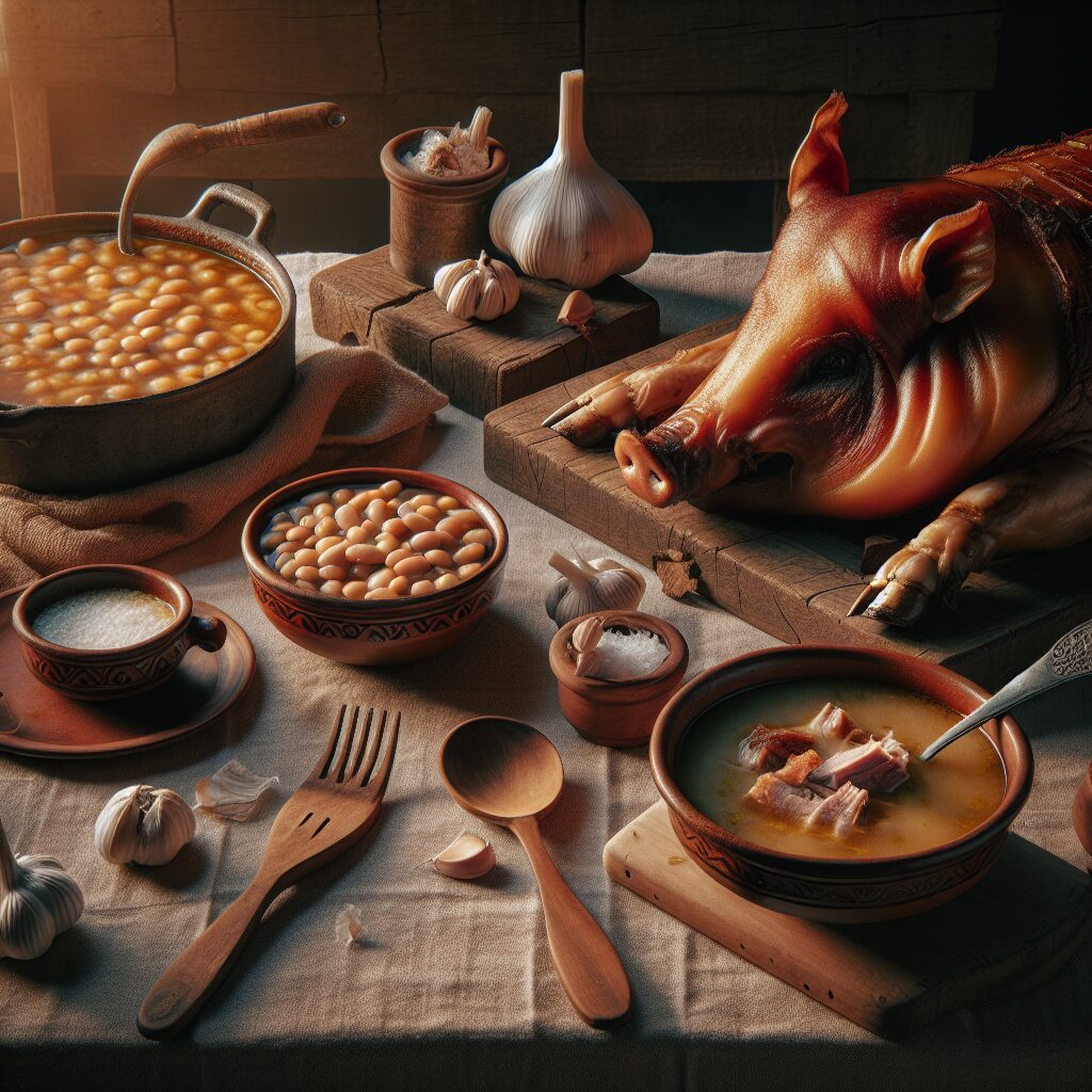 Mesa rústica castellana con platos tradicionales: un cochinillo con piel crujiente, cazuela de judiones y un cuenco d…