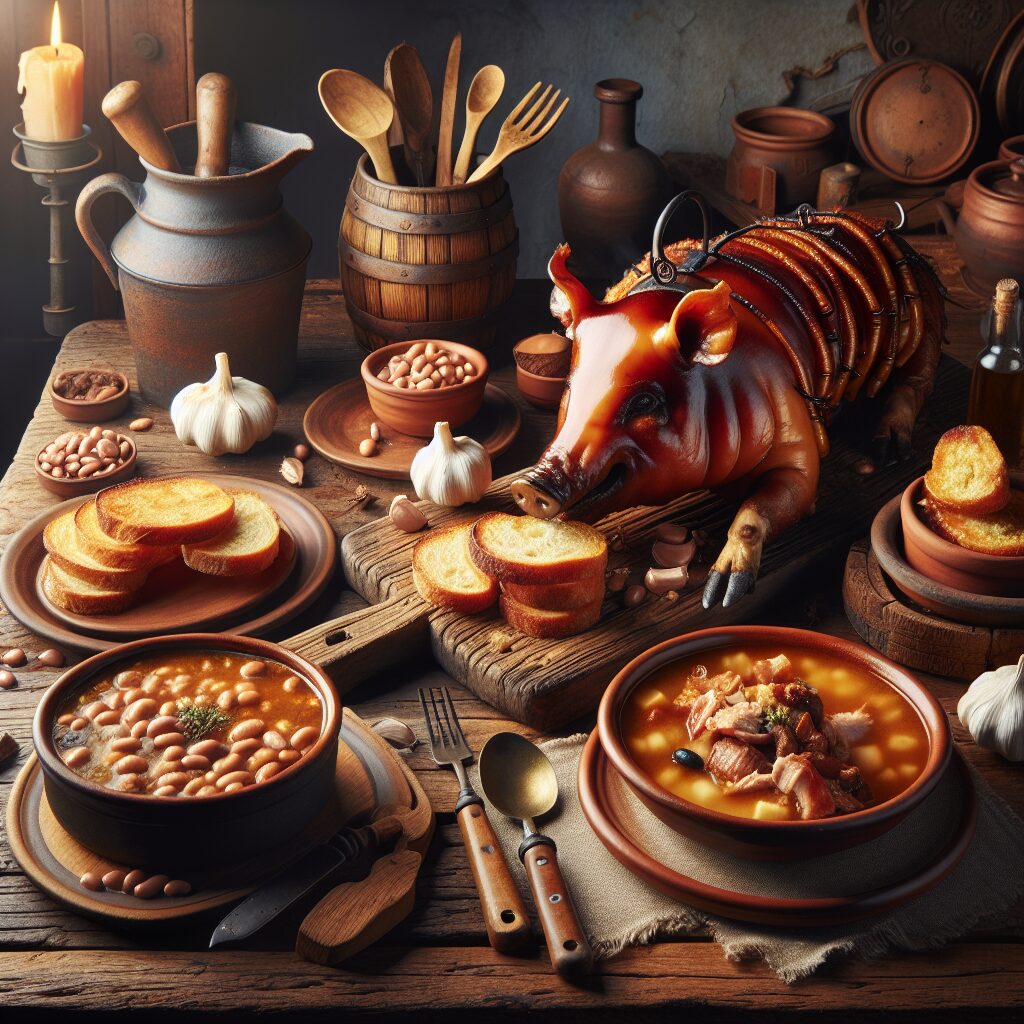 Mesa rústica castellana con platos tradicionales estilizados: cochinillo con piel crujiente, cazuela de judiones y so…