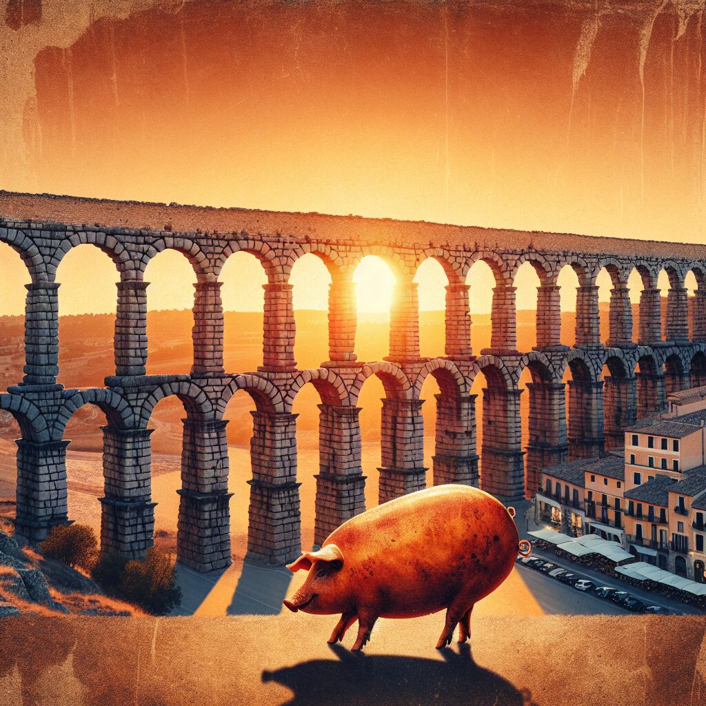 Composición digital del Acueducto de Segovia al atardecer con un cochinillo asado estilizado en primer plano como ele…