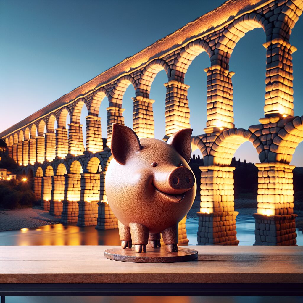 El Acueducto de Segovia iluminado al atardecer con un estilizado cochinillo asado sobre una mesa rústica en primer pl…