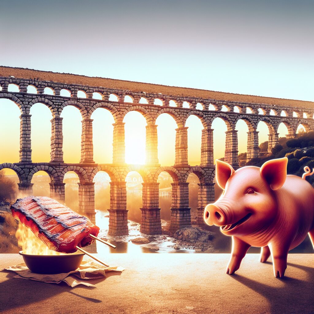 Vista panorámica del Acueducto de Segovia al atardecer con un cochinillo asado estilizado en primer plano como objeto…