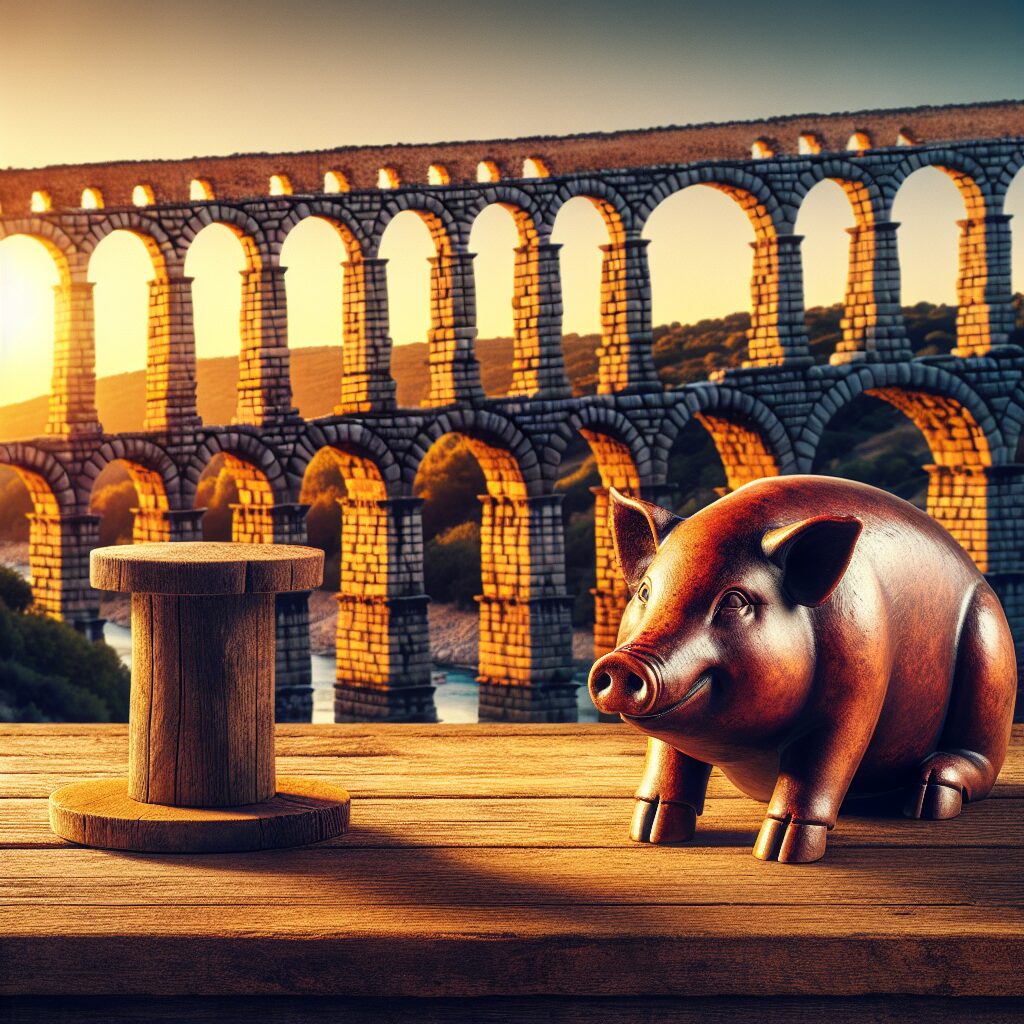 Vista estilizada del Acueducto de Segovia al atardecer con una mesa rústica en primer plano que sostiene un cochinill…