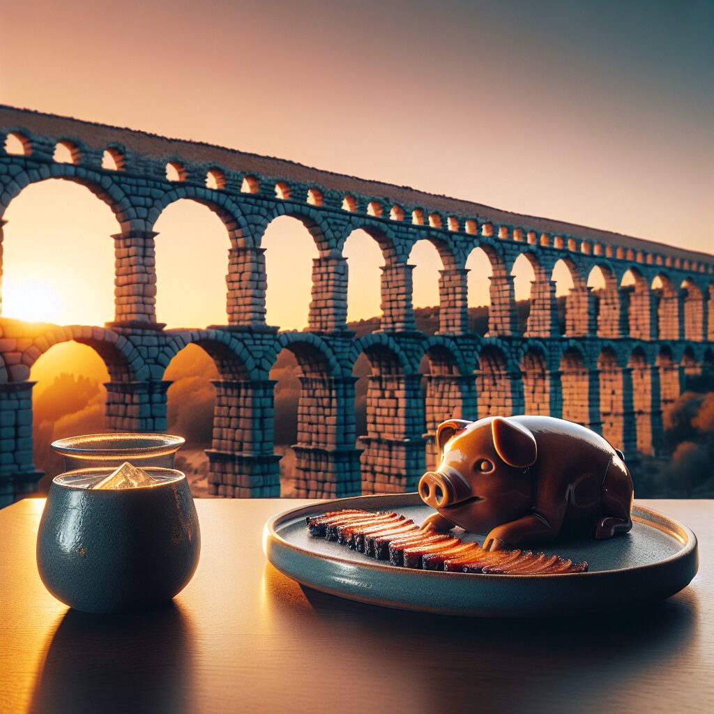 El Acueducto de Segovia al atardecer iluminado suavemente, con una mesa baja en primer plano que muestra un cochinill…