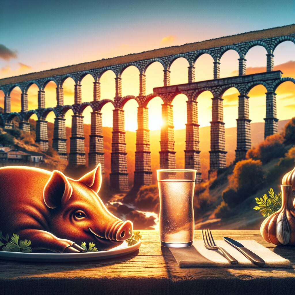 Ilustración digital del Acueducto de Segovia al atardecer, con un plato de cochinillo asado estilizado en primer plan…