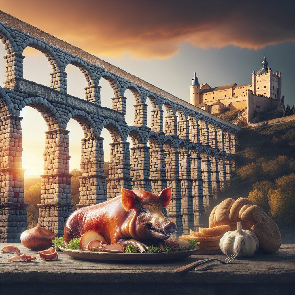 El Acueducto de Segovia al atardecer con el Alcázar en el fondo y un plato estilizado de cochinillo asado en primer p…