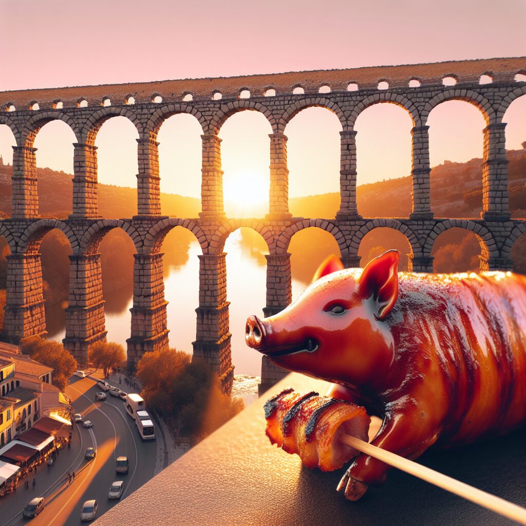 El Acueducto de Segovia al atardecer con tonos cálidos y en primer plano una representación estilizada de un cochinil…