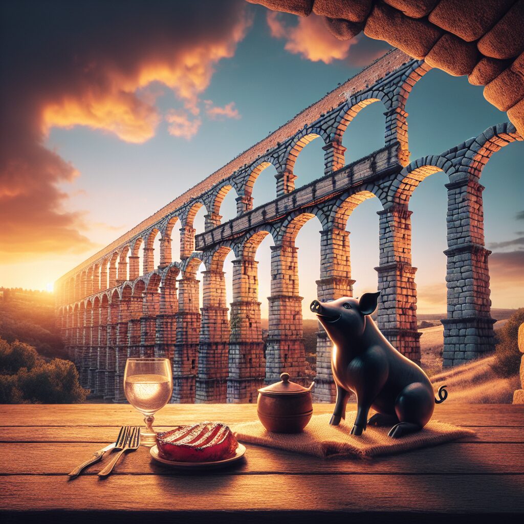 El Acueducto de Segovia al atardecer con luz dorada, en primer plano una mesa rústica con un cochinillo asado estiliz…